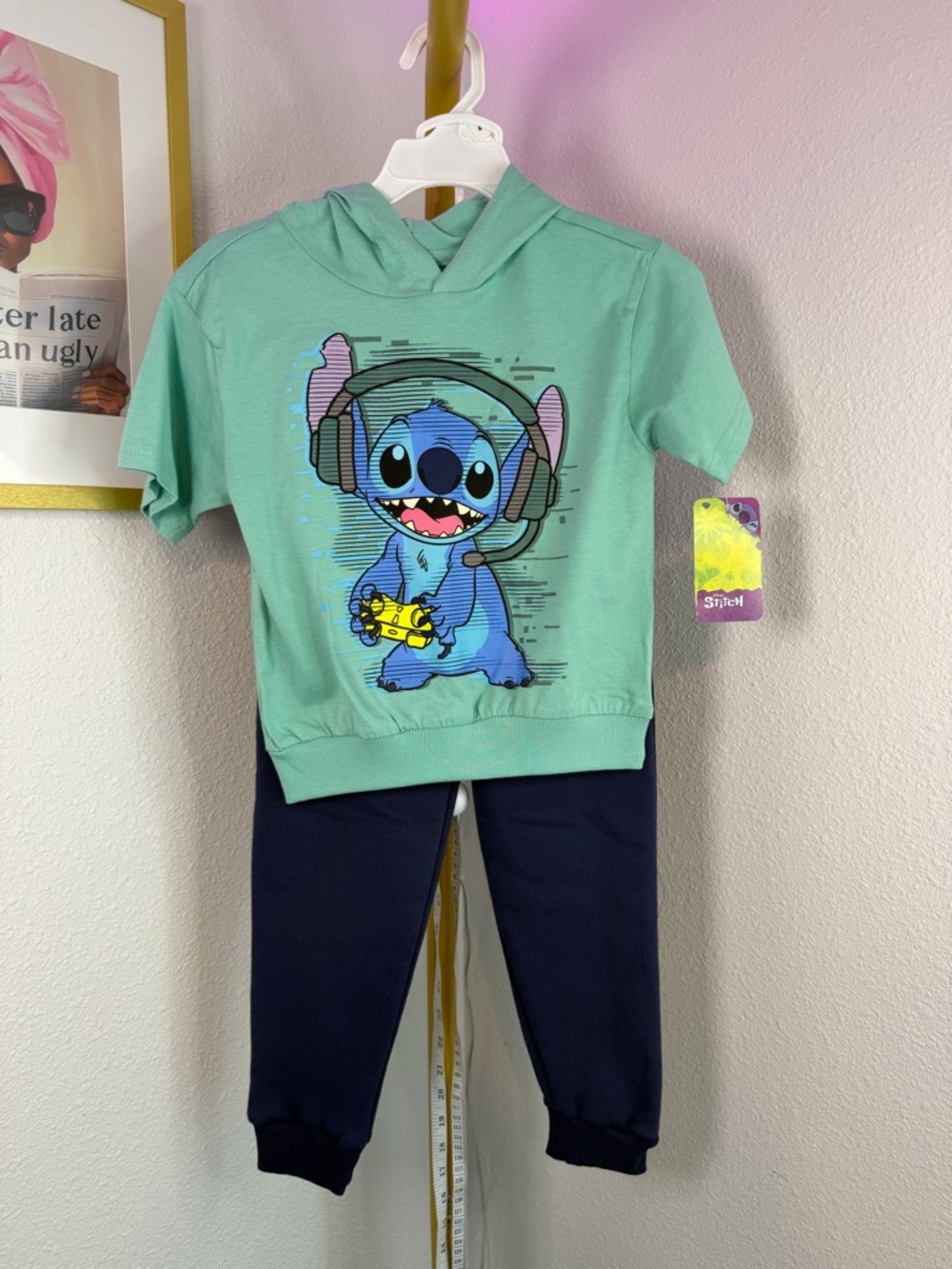 Disney Mint Green Stitch Hoodie Tee with Headphones Graphic & Sweatpants Size 4T